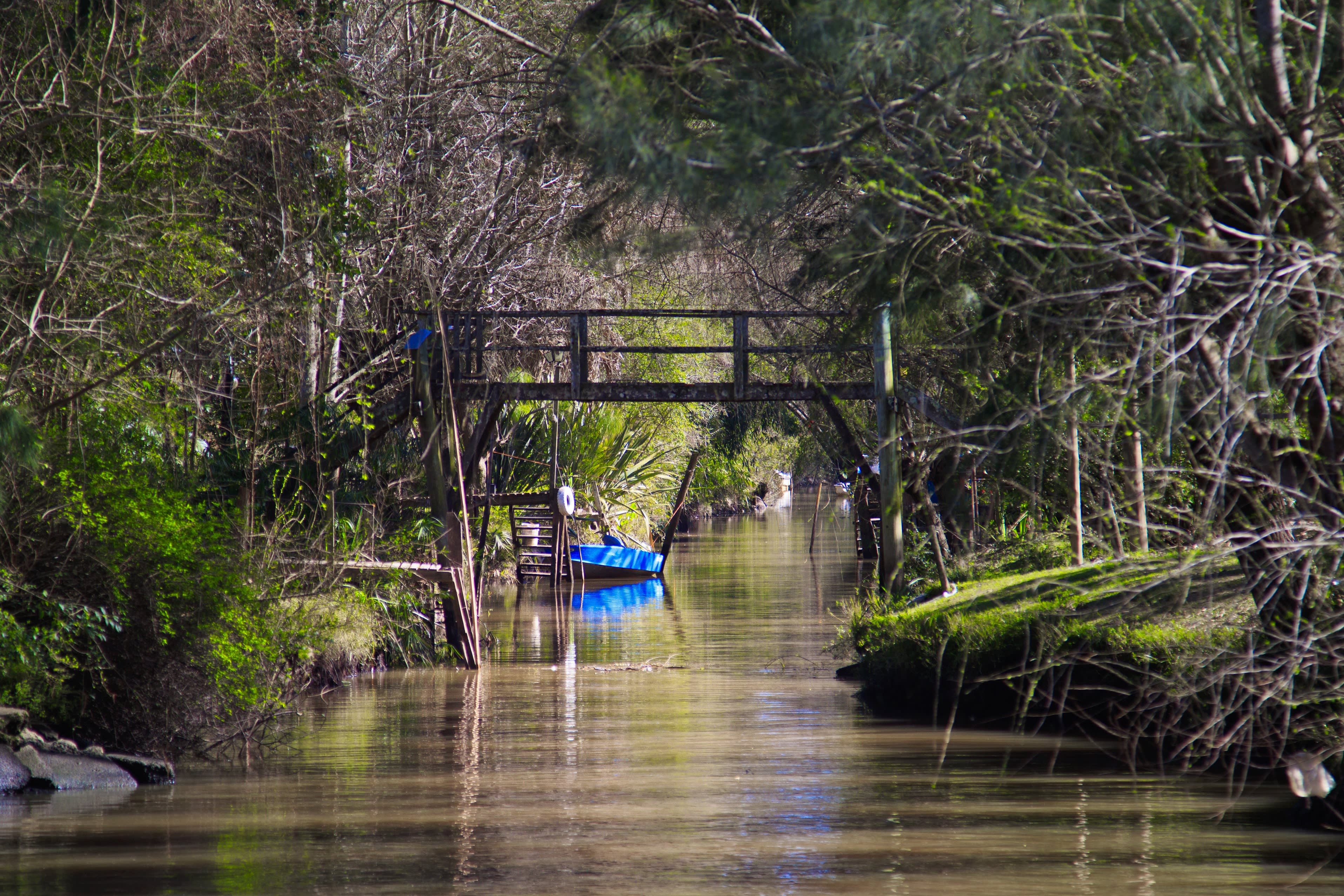 Blick auf einen kleinen Kanal mit Holzboot und Holzbrücke im Tigre Delta, Buenos Aires