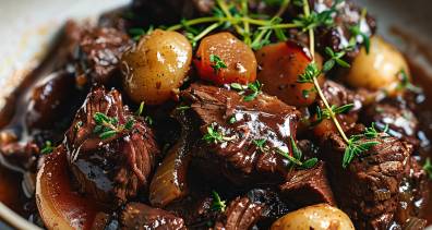 A bowl of traditional beef bourguignon with tender beef chunks, pearl onions, carrots, and fresh thyme in a rich red wine sauce.