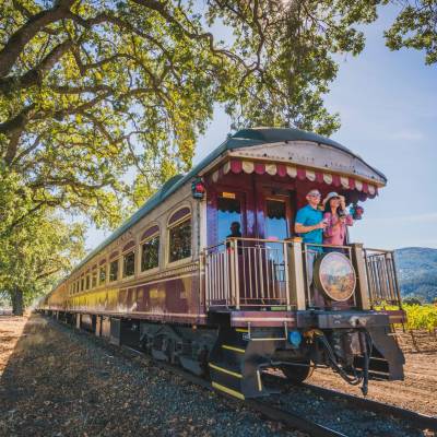 a train on a train track with trees in the background