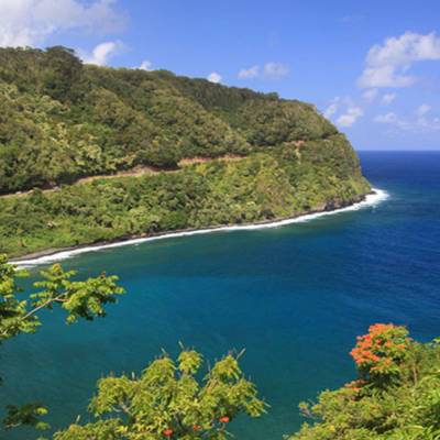 an island in the middle of a body of water surrounded by trees with Hana Highway in the background