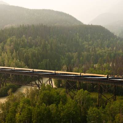 a train crossing a bridge over a river in a forest