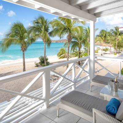 a beach with palm trees and a fence