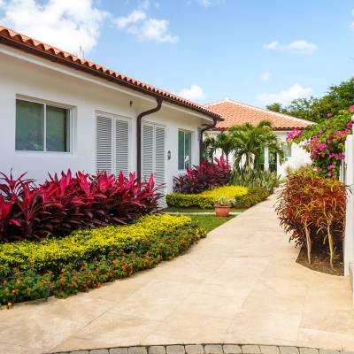 a house with bushes in front of a building