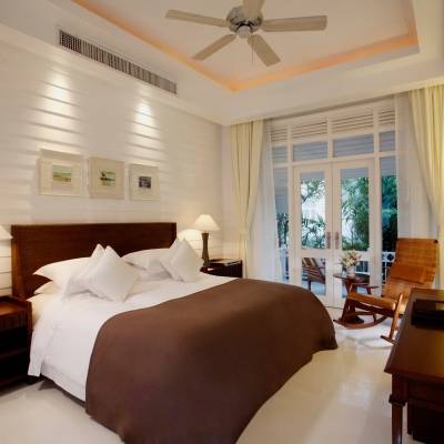 a hotel room with a large window