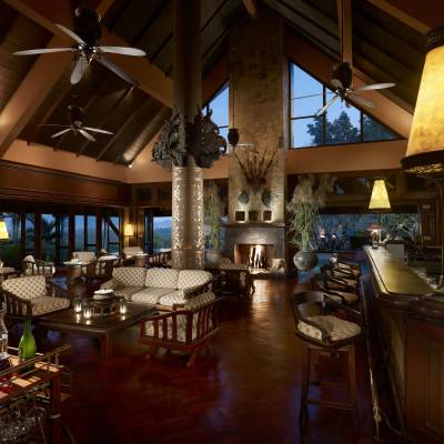 a dining room table in front of a building