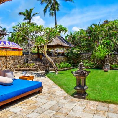 a table topped with a blue umbrella