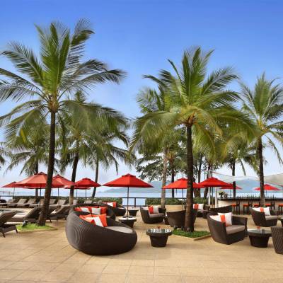 a group of palm trees on a beach