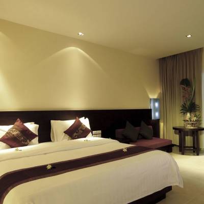 a bedroom with a large bed in a hotel room