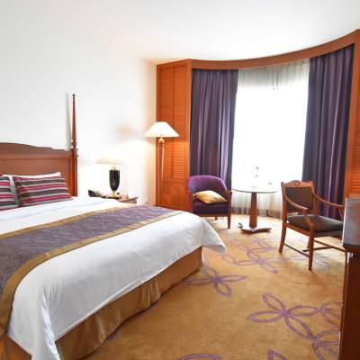 a bedroom with a bed and desk in a hotel room
