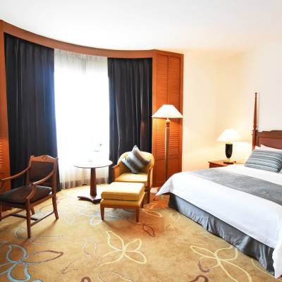 a bedroom with a bed and desk in a hotel room