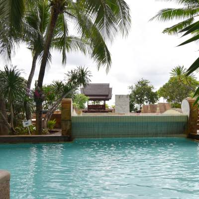 a pool next to a palm tree sitting next to a body of water