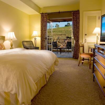 a bedroom with a large bed in a hotel room