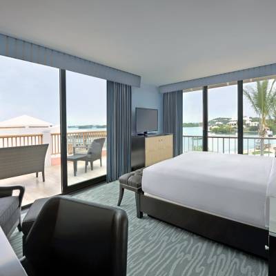 a hotel room with a large window