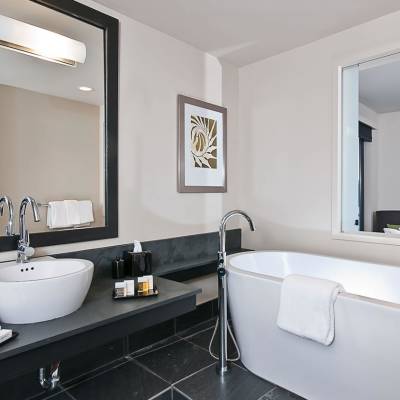 a double sink and large mirror