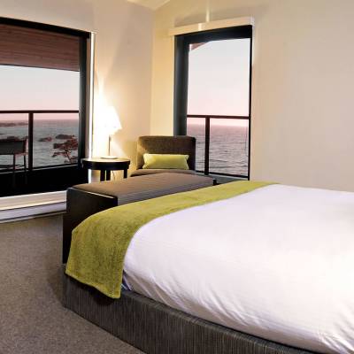 a bedroom with a large bed in a hotel room