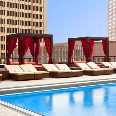 a pool of water in front of a building