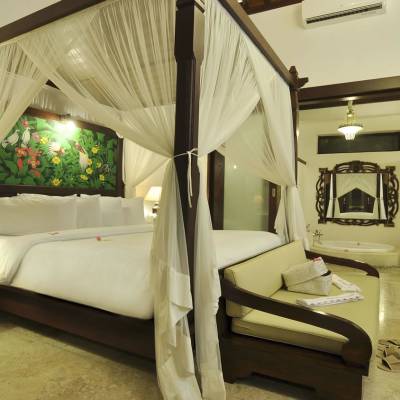 a bedroom with a bed and a mirror in a room