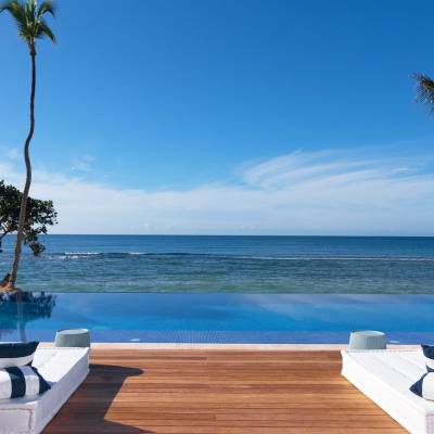 a beach with a palm tree in front of a body of water