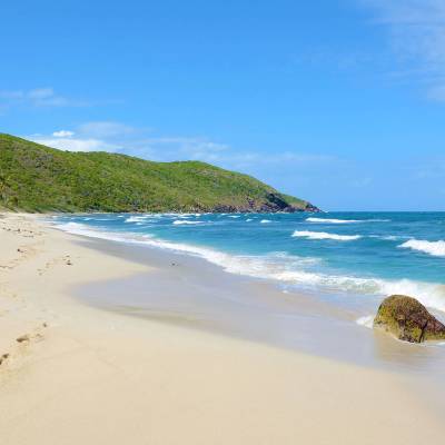 a sandy beach next to the water
