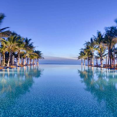a body of water surrounded by palm trees
