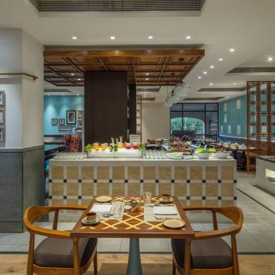 a kitchen with a dining table
