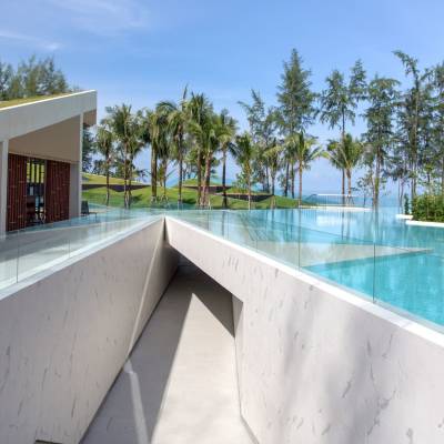 a pool in front of a building