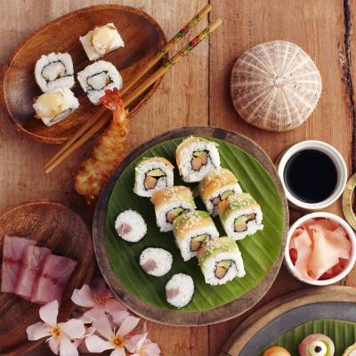a bunch of food sitting on top of a wooden table