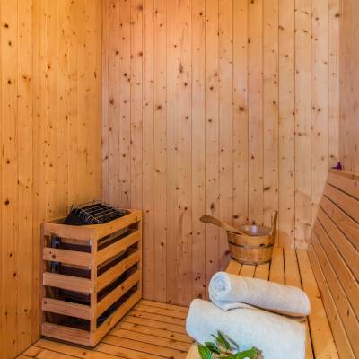 a bedroom with a wooden door