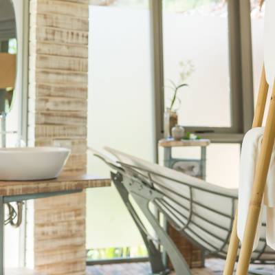 a dining room table in front of a window