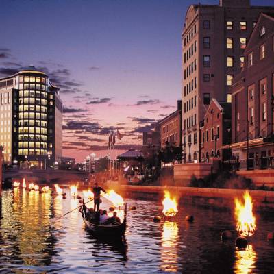 a lit up city at night
