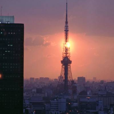 a view of a city at sunset