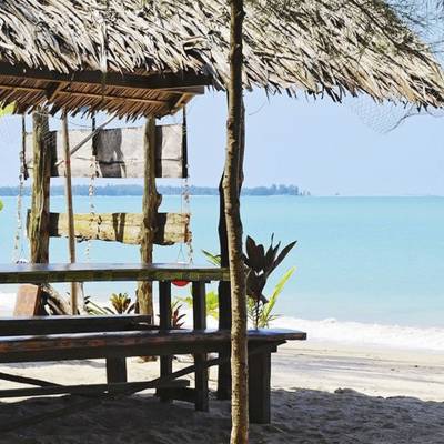 a group of people sitting at a beach