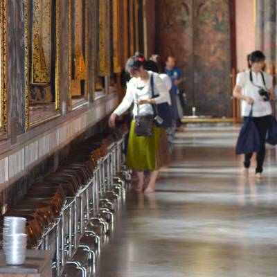 a group of people standing in a room