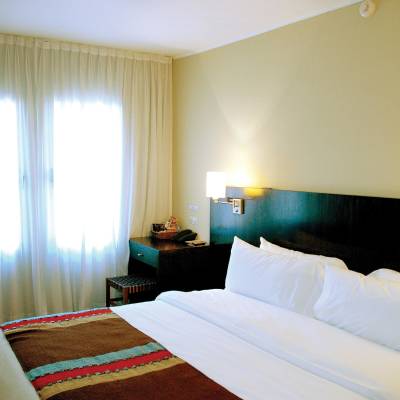 a bedroom with a bed in a hotel room