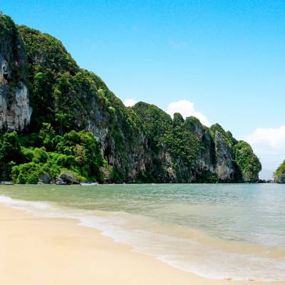 a body of water with Railay Beach in the background