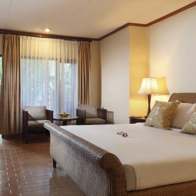 a bedroom with a large bed in a hotel room