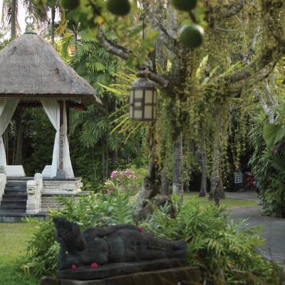 a wooden statue in a garden