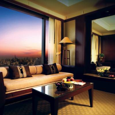 a hotel room with a large window