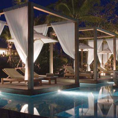a table topped with a blue umbrella