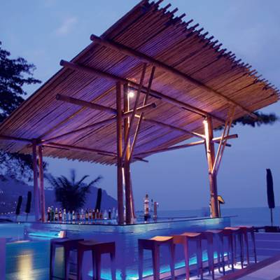a group of palm trees with a blue umbrella