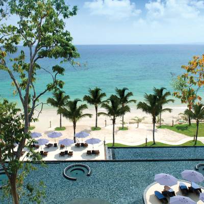 a group of palm trees next to a body of water