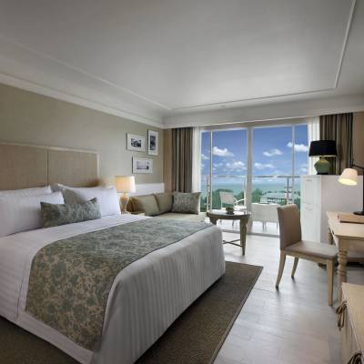 a bedroom with a large bed in a hotel room