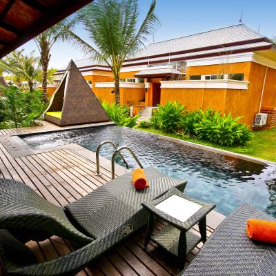 a house with a colorful umbrella