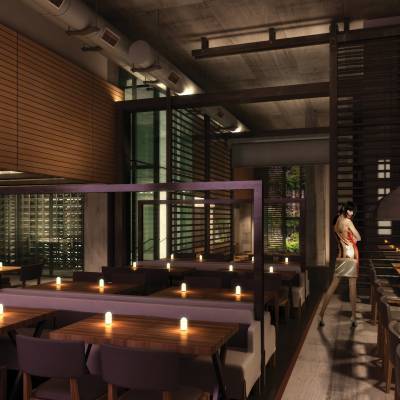 a long table in a restaurant