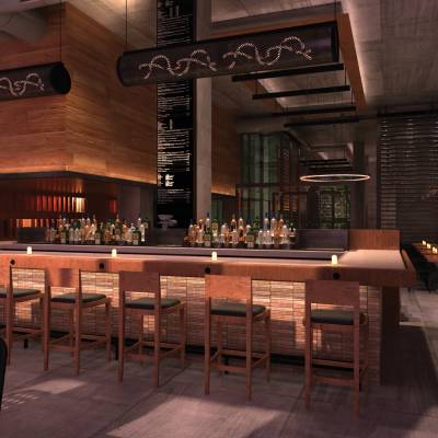 a dining room table in front of a building