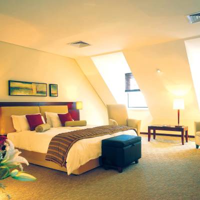 a bedroom with a bed and desk in a room
