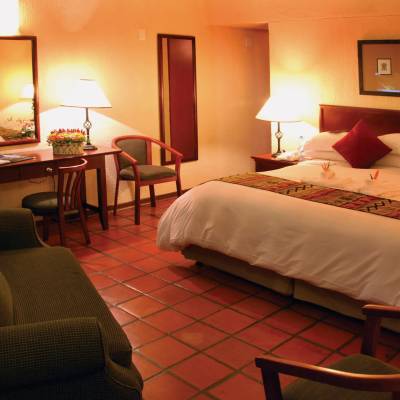 a bedroom with a large bed in a hotel room