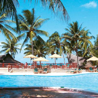 a group of palm trees next to a pool of water