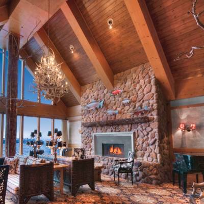 a room filled with furniture and a fire place