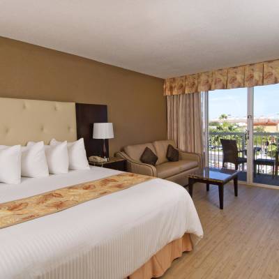 a bedroom with a large bed in a hotel room